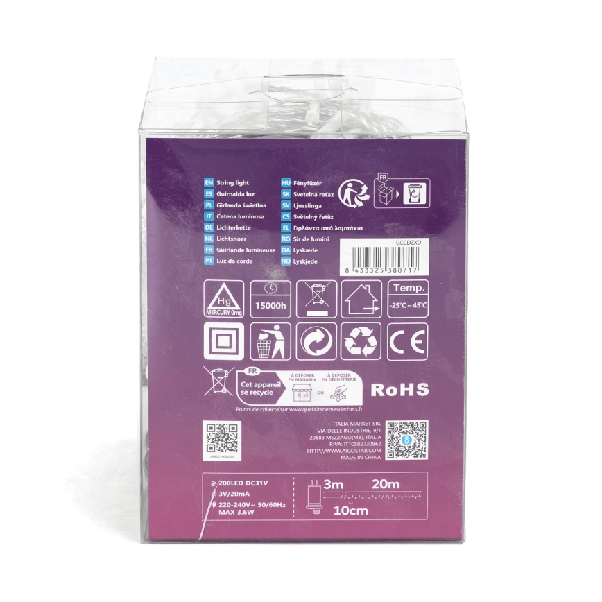 Aigostar - Ghirlandă LED de exterior pentru Crăciun 200xLED/8 funcții 23m IP44 alb rece