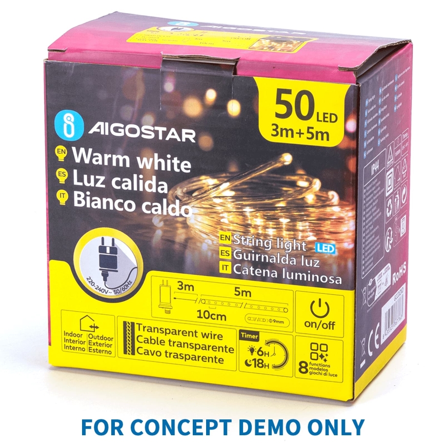 Aigostar - Ghirlandă LED de exterior pentru Crăciun 200xLED/8 funcții 3xAA 5x2m IP44 alb cald