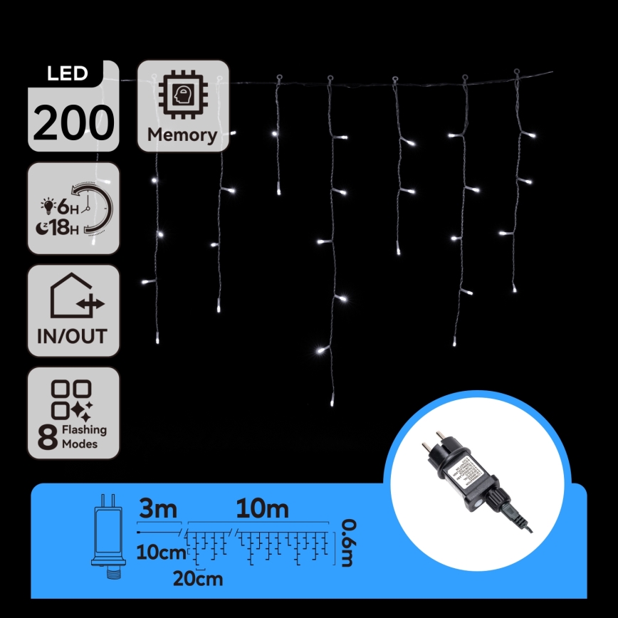 Aigostar - Ghirlandă LED de exterior pentru Crăciun 200xLED/8 moduri 13x0,6m IP44 alb rece