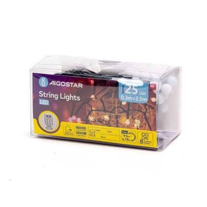Aigostar - Ghirlandă LED de exterior pentru Crăciun, 25 LED, 8 moduri, 3xAA, 2,8 m, IP44, alb cald