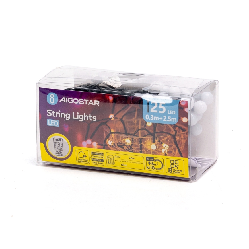 Aigostar - Ghirlandă LED de exterior pentru Crăciun, 25 LED, 8 moduri, 3xAA, 2,8 m, IP44, alb cald