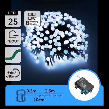Aigostar - Ghirlandă LED de exterior pentru Crăciun 25x LED/8 funcții 3xAA 2,8m IP44 alb rece