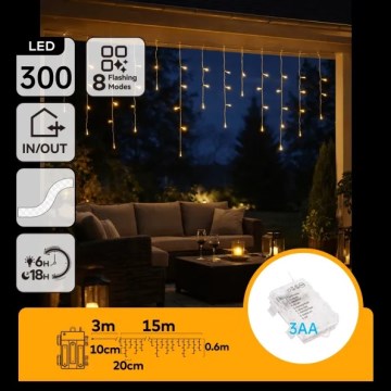Aigostar - Ghirlandă LED de exterior pentru Crăciun, 300 LED/8 funcții, 3xAA, 18x0,6 m, IP44, alb cald