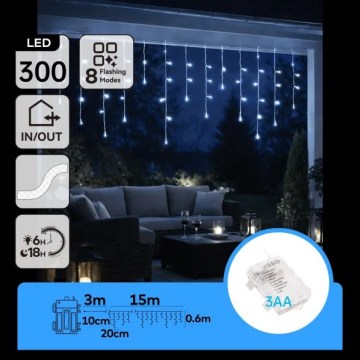 Aigostar - Ghirlandă LED de exterior pentru Crăciun, 300 LED, 8 funcții, alimentare 3x AA, 18 x 0,6 m, IP44, alb rece