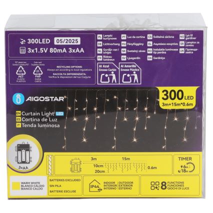 Aigostar - Ghirlandă LED de exterior pentru Crăciun, 300 LED/8 funcții, 3xAA, 18x0,6 m, IP44, alb cald