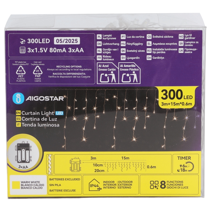 Aigostar - Ghirlandă LED de exterior pentru Crăciun, 300 LED/8 funcții, 3xAA, 18x0,6 m, IP44, alb cald
