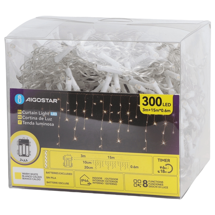 Aigostar - Ghirlandă LED de exterior pentru Crăciun, 300 LED/8 funcții, 3xAA, 18x0,6 m, IP44, alb cald