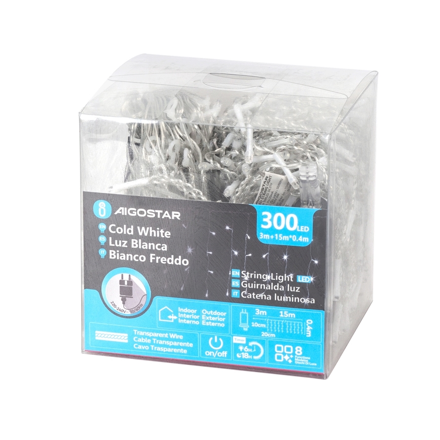 Aigostar - Ghirlandă LED de exterior pentru Crăciun, 300 LED/8 funcții, 15x0,4 m, IP44, alb rece