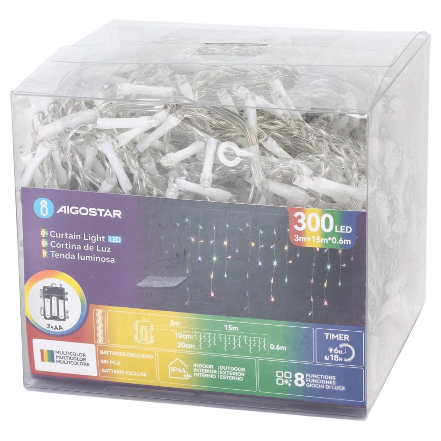 Aigostar - Ghirlandă LED de exterior pentru Crăciun, 300 LED-uri, 8 funcții, 3 x AA, 18 x 0,6 m, IP44, multicoloră