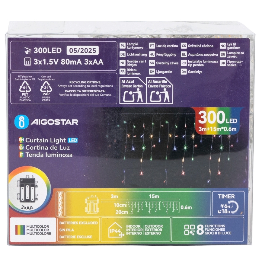 Aigostar - Ghirlandă LED de exterior pentru Crăciun, 300 LED-uri, 8 funcții, 3 x AA, 18 x 0,6 m, IP44, multicoloră