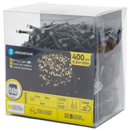 Aigostar - Instalație luminoasă LED de exterior pentru Crăciun 400xLED/8 funcții 4xAA 20,3 m IP44 alb cald