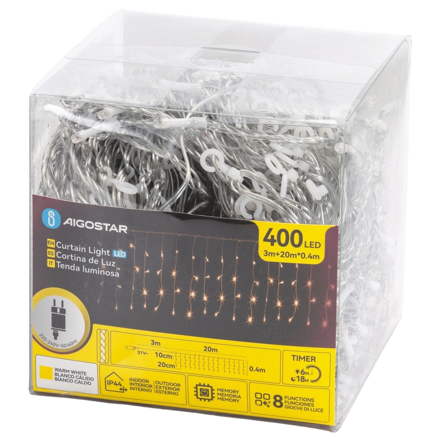 Aigostar - Instalație luminoasă LED de exterior pentru Crăciun, 400 LED, 8 funcții, 20 x 0,4 m, IP44, alb cald
