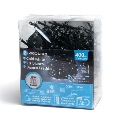 Aigostar - Ghirlandă LED de exterior pentru Crăciun, 400 LED, 8 funcții, 4x AA, 20,3 m, IP44, alb rece