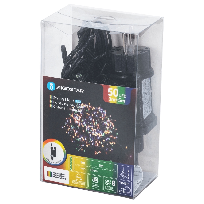 Aigostar - Ghirlandă LED de exterior pentru Crăciun, 50 LED / 8 funcții, 8 m, IP44, multicoloră
