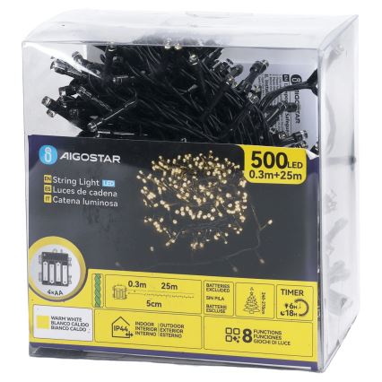 Aigostar - Ghirlandă LED pentru exterior de Crăciun, 500 LED, 8 funcții, alimentare 4xAA, 25,3 m, IP44, alb cald