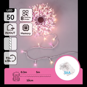 Aigostar - Ghirlandă LED de exterior pentru Crăciun 50xLED/8 funcții 3xAA 5,3m IP44 roz/alb cald