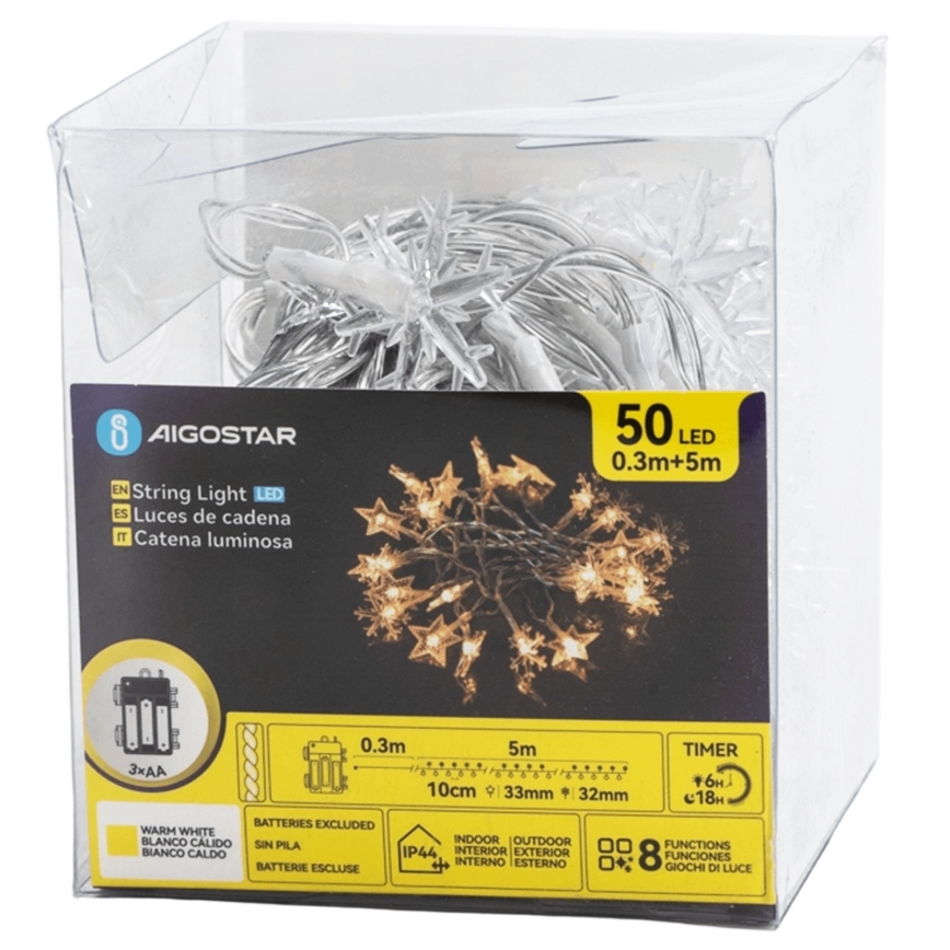 Aigostar - Ghirlandă LED de exterior pentru Crăciun 50xLED/8 funcții 3xAA 5m IP44 alb cald stele