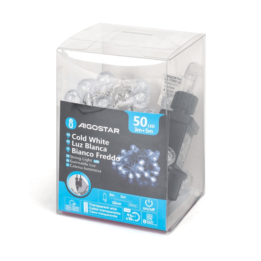 Aigostar - Ghirlandă LED de exterior pentru Crăciun 50xLED/8 funcții 8m IP44 alb rece