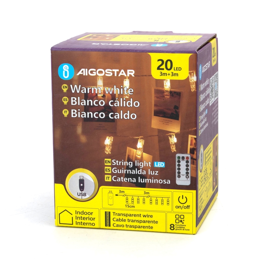 Aigostar - Ghirlandă LED decorativă 20xLED/5W/USB 6 m alb cald