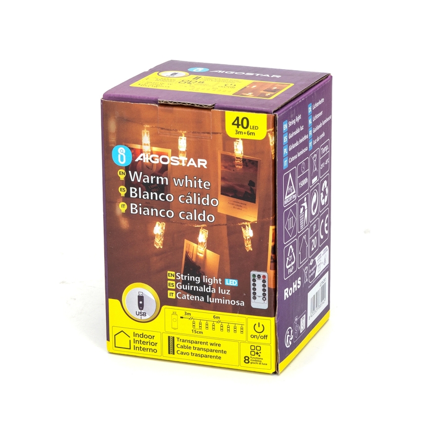 Aigostar - Ghirlandă LED decorativă, 40 LED, 5 W, USB, 9 m, alb cald