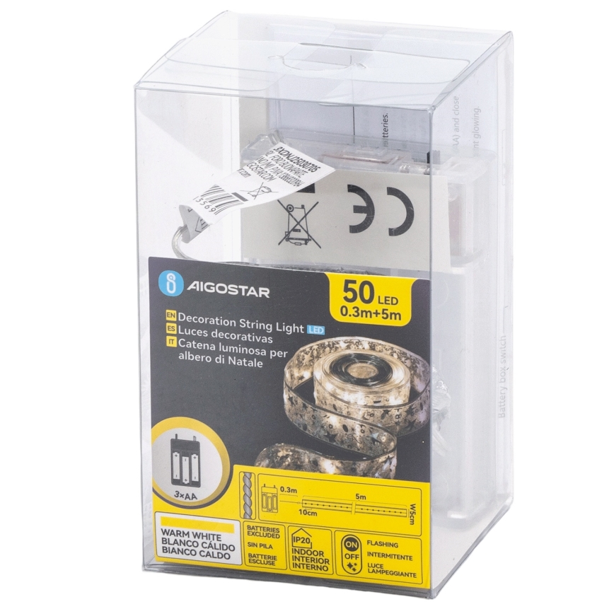 Aigostar - Ghirlandă LED 50xLED/3xAA, 5 m, alb cald, argintiu