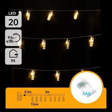 Aigostar - Ghirlandă LED decorativă cu cleme 20xLED/3xAA 3,3m alb cald