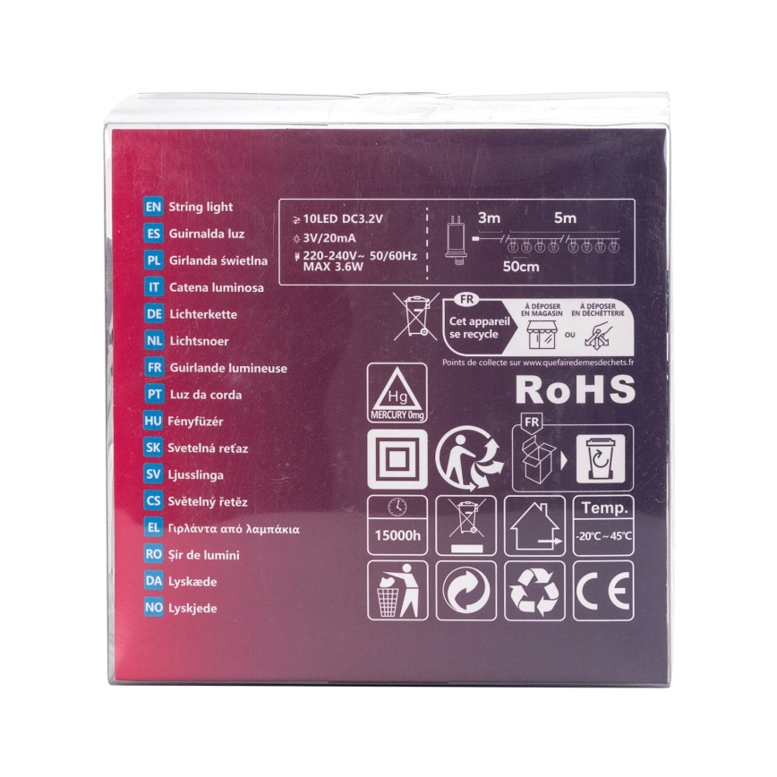 Aigostar - Ghirlandă LED decorativă pentru exterior, 10 LED, 8 m, IP44, alb rece