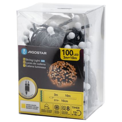 Aigostar - Ghirlandă LED decorativă pentru exterior, 100 LED, 8 funcții, 10 m, IP44, alb cald