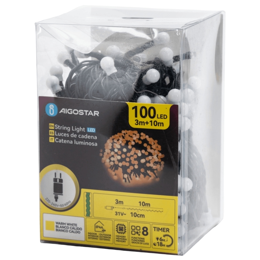Aigostar - Ghirlandă LED decorativă pentru exterior, 100 LED, 8 funcții, 10 m, IP44, alb cald