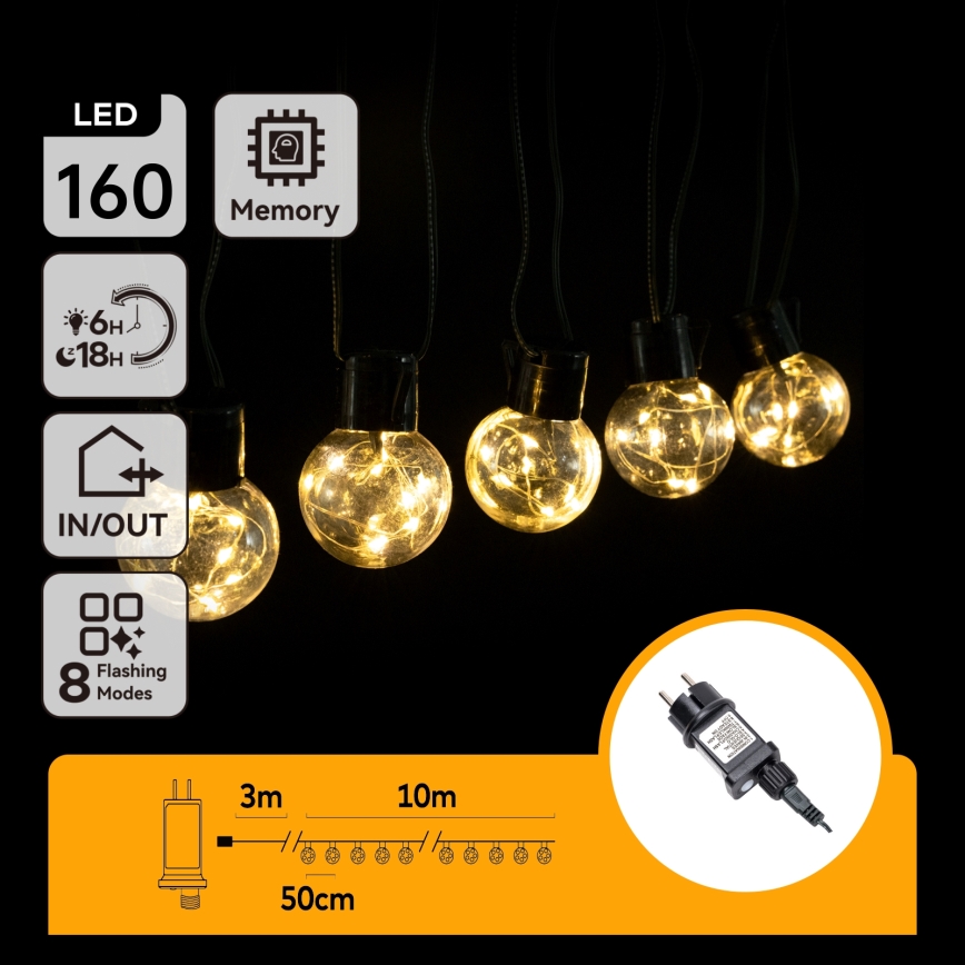 Aigostar - Ghirlandă LED decorativă pentru exterior, 160 LED-uri, 10 m, IP44, alb cald