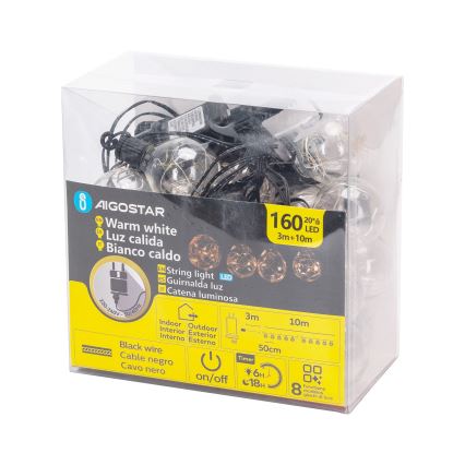 Aigostar - Ghirlandă LED decorativă pentru exterior, 160 LED-uri, 10 m, IP44, alb cald
