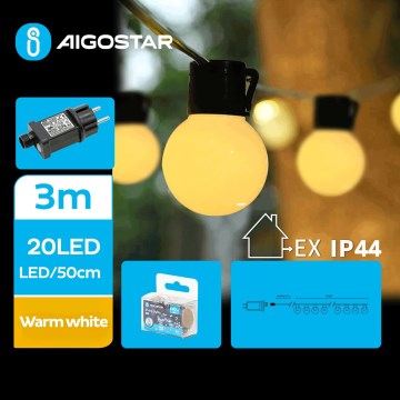 Aigostar - Ghirlandă LED decorativă pentru exterior, 20 LED/13 m, IP44, alb cald