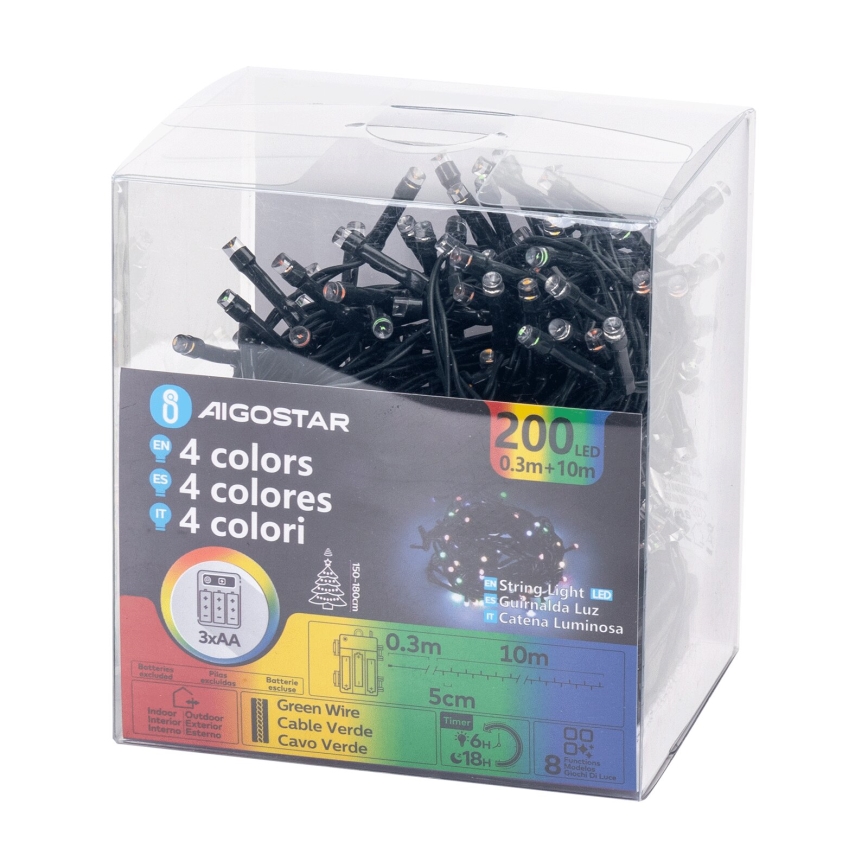 Aigostar - Ghirlandă LED exterior 200 LED, 8 funcții, 3 x AA, 10,3 m, IP44, multicolor