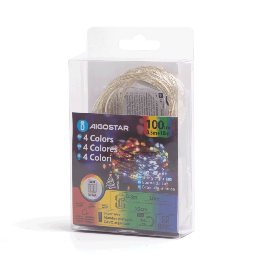 Aigostar - Ghirlandă LED de exterior 100 LED/8 funcții/3x AA 10,3 m IP44 multicolor