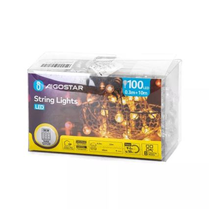 Aigostar - Ghirlandă LED pentru exterior 100xLED/3xAA/8 funcții 10,3 m IP44 alb cald