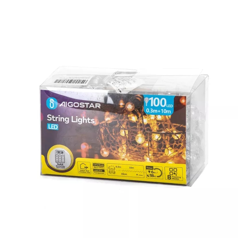 Aigostar - Ghirlandă LED pentru exterior 100xLED/3xAA/8 funcții 10,3 m IP44 alb cald