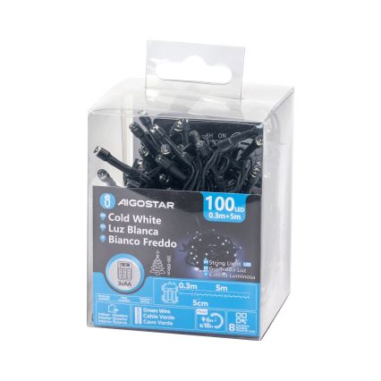 Aigostar - Ghirlandă LED pentru exterior, 100 LED, 8 moduri, alimentare 3x AA, 5,3 m, IP44, alb rece