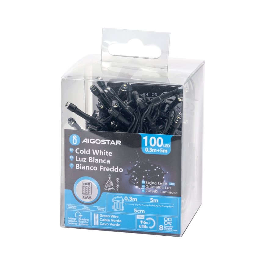 Aigostar - Ghirlandă LED pentru exterior, 100 LED, 8 moduri, alimentare 3x AA, 5,3 m, IP44, alb rece