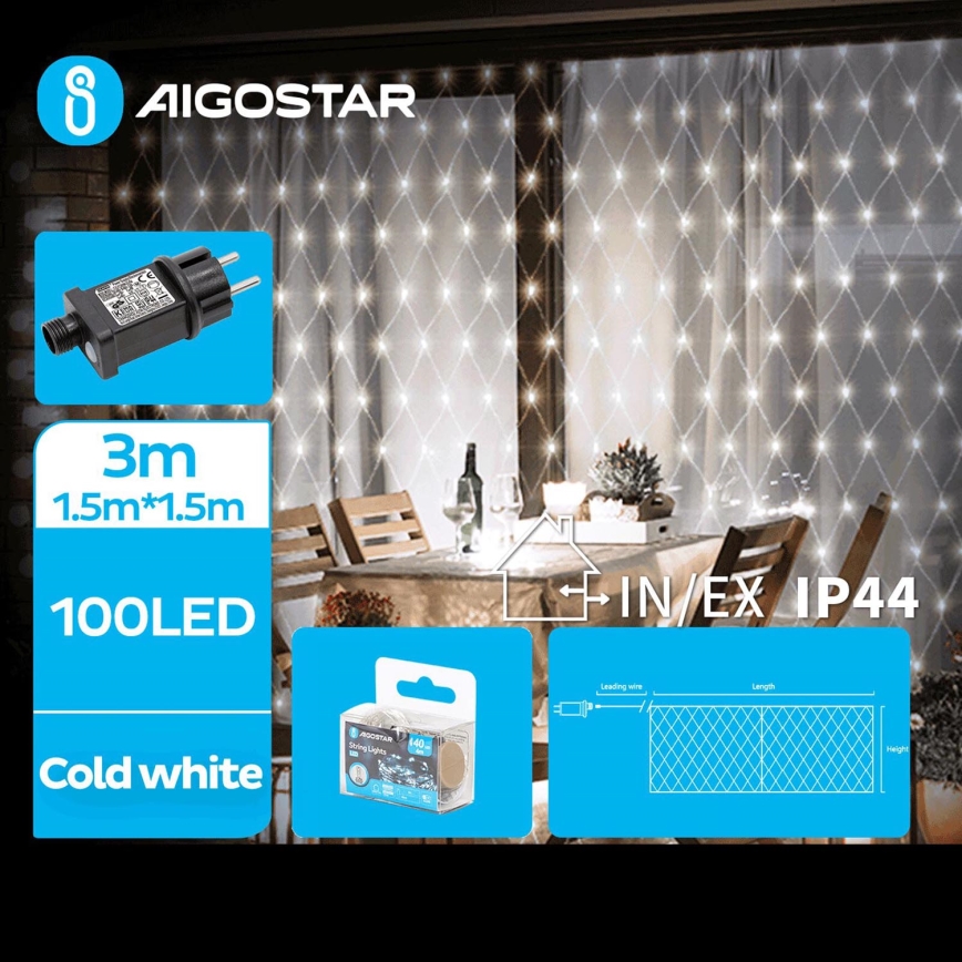 Aigostar - Ghirlandă LED pentru exterior, 100 LED / 8 funcții, 4,5 x 1,5 m, IP44, alb rece