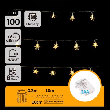 Aigostar - Ghirlandă LED pentru exterior, 100 LED / 8 moduri, alimentare 3xAA, 10 m, IP44, alb cald, decorațiuni în formă de stea