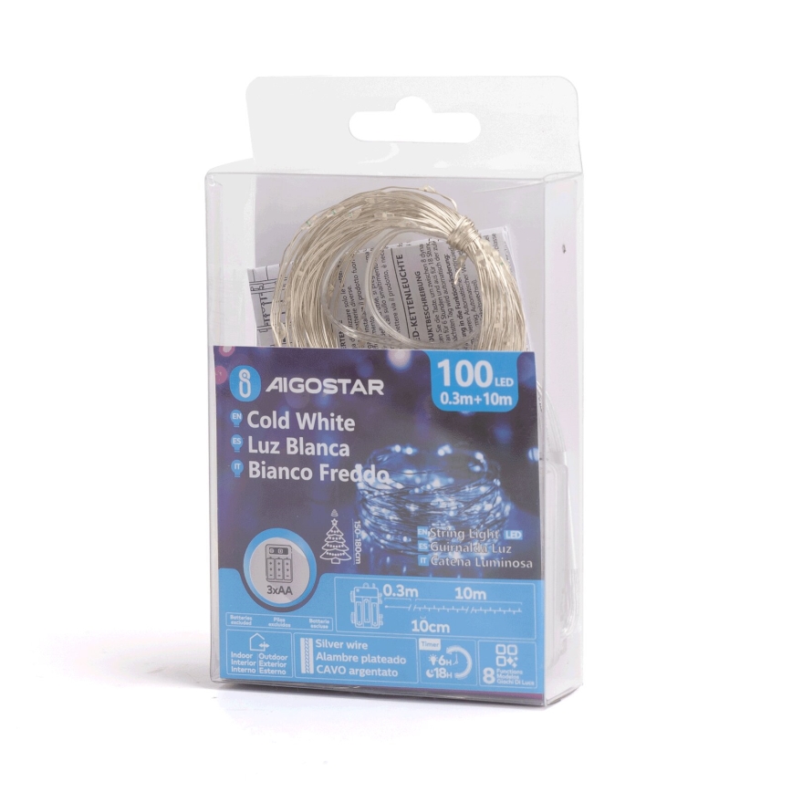 Aigostar - Ghirlandă LED pentru exterior 100xLED/8 funcții/3xAA 10,3m IP44 alb rece