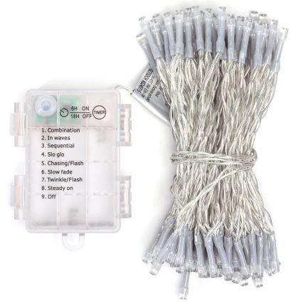 Aigostar - Ghirlandă LED pentru exterior, 100 LED/8 funcții/3xAA, 10,3 m, IP44, alb rece