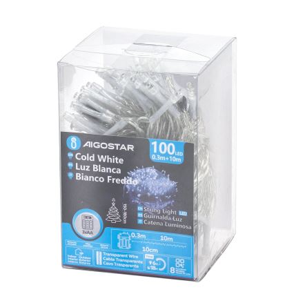 Aigostar - Ghirlandă LED pentru exterior, 100 LED/8 funcții/3xAA, 10,3 m, IP44, alb rece