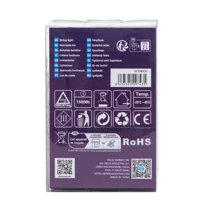 Aigostar - Ghirlandă LED pentru exterior, 100 LED/8 funcții/3xAA, 10,3 m, IP44, alb rece