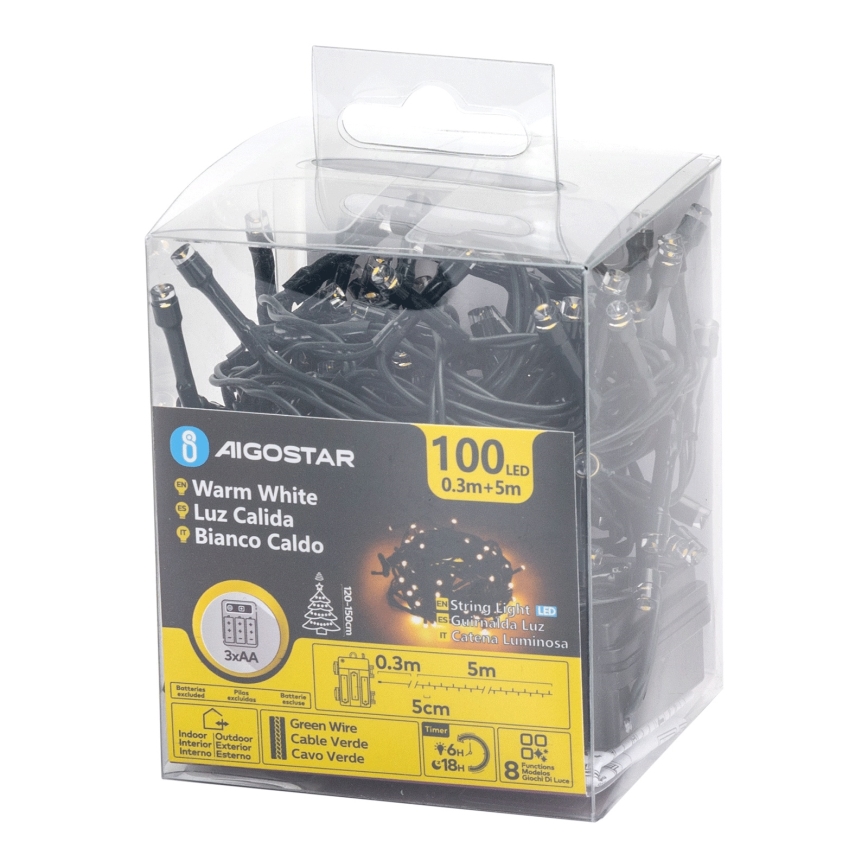 Aigostar - Ghirlandă LED de exterior 100xLED/8 funcții 3xAA 5,3 m IP44 alb cald