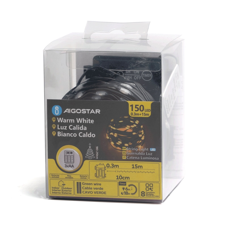 Aigostar - Ghirlandă LED pentru exterior, 150 LED, 8 funcții, 3x AA, 15,3 m, IP44, alb cald