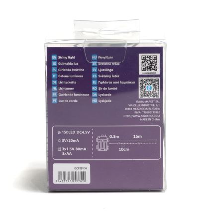 Aigostar - Ghirlandă LED pentru exterior, 150 LED, 8 funcții, 3x AA, 15,3 m, IP44, alb cald