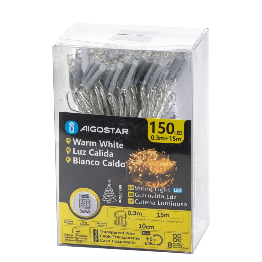 Aigostar – Ghirlandă LED pentru exterior, 150 LED, 8 funcții, alimentare 3xAA, 15,3 m, IP44, alb cald