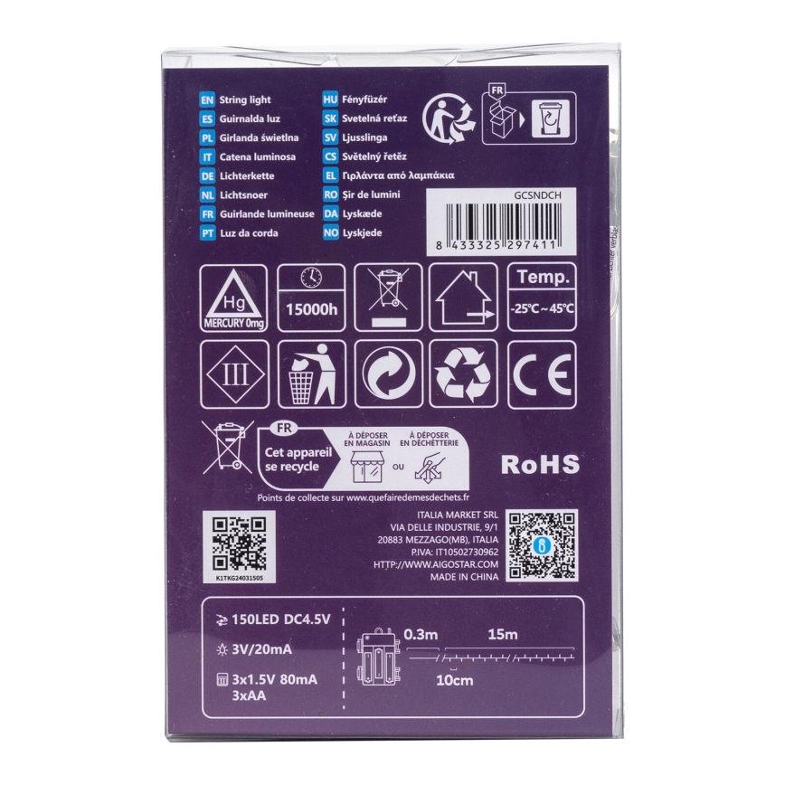 Aigostar – Ghirlandă LED pentru exterior, 150 LED, 8 funcții, alimentare 3xAA, 15,3 m, IP44, alb cald