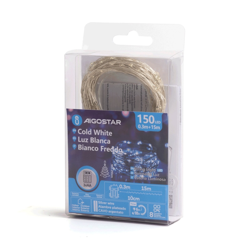 Aigostar - Ghirlandă LED pentru exterior 150xLED/8 funcții/3xAA 15,3m IP44 alb rece